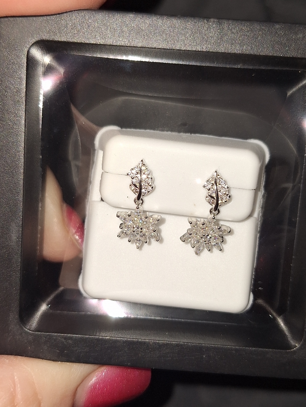 Silver-Tone Snowflake Drop Earrings 925 Silver - Picture 4 of 5